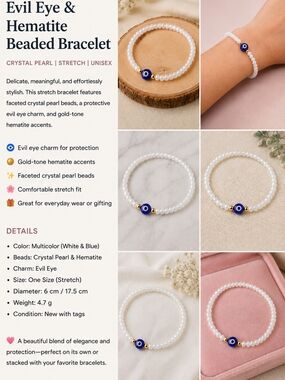 Evil Eye Crystal Pearl Stretch Bracelet — White & Blue